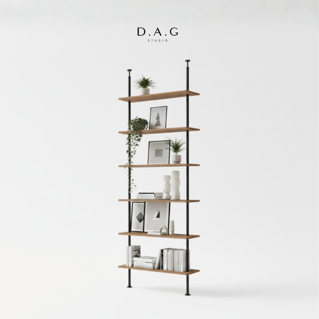 Wysoki regał rozporowy 100cm z litego drewna dębowego, zamontowany między podłogą a sufitem w nowoczesnym salonie, półki wypełnione książkami i dekoracjami.