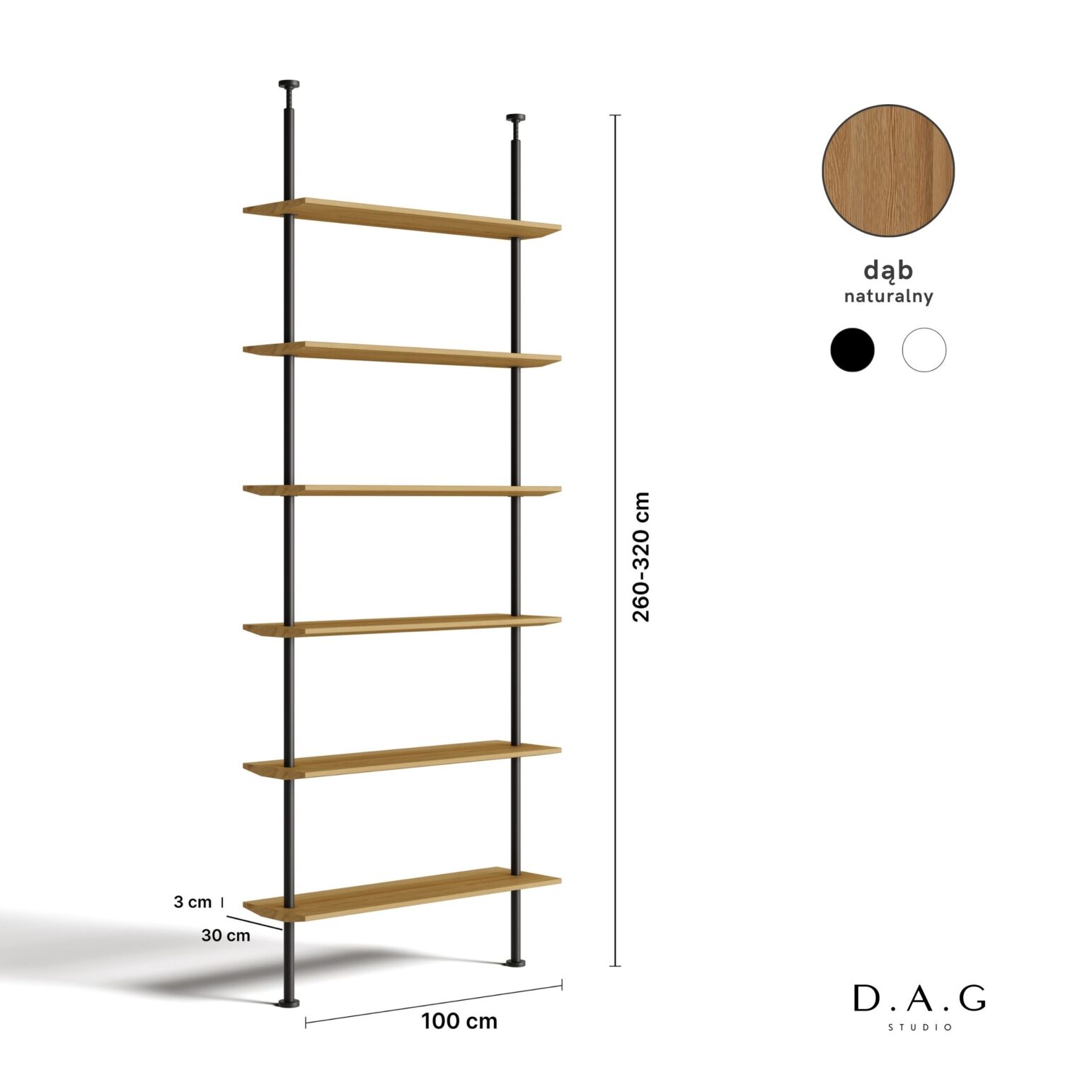 Regał rozporowy 100 cm - wysoki regał dębowy do salonu