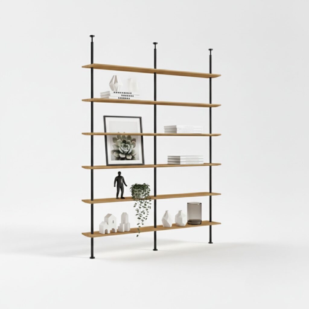 Imponujący, szeroki na 200cm regał rozporowy, wykonany z litego drewna dębowego. Ten duży, drewniany regał na książki jest zamontowany bez wiercenia od podłogi do sufitu w przestronnym salonie, na wysokość ponad 250 cm.