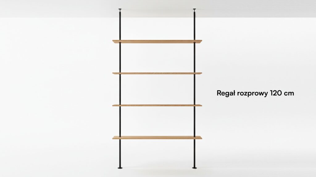 Regał rozporowy 120 cm to połączenie solidnego wykonania, naturalnych materiałów i minimalistycznego designu. Zaprojektowany z myślą o prostym montażu i eleganckim wyglądzie, tworzy stabilną konstrukcję rozpiętą między podłogą a sufitem – bez wiercenia, bez śrub, bez kompromisów.