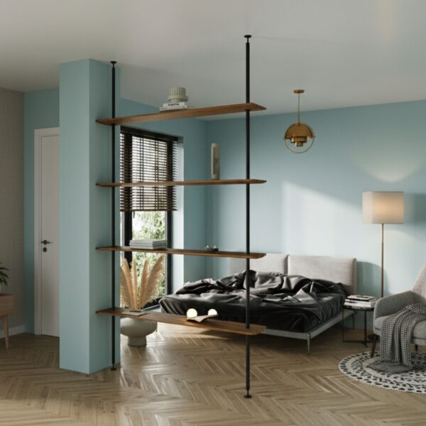 Regał rozporowy drewniany dębowy 120 cm wysoki - solidny mebel do salonu