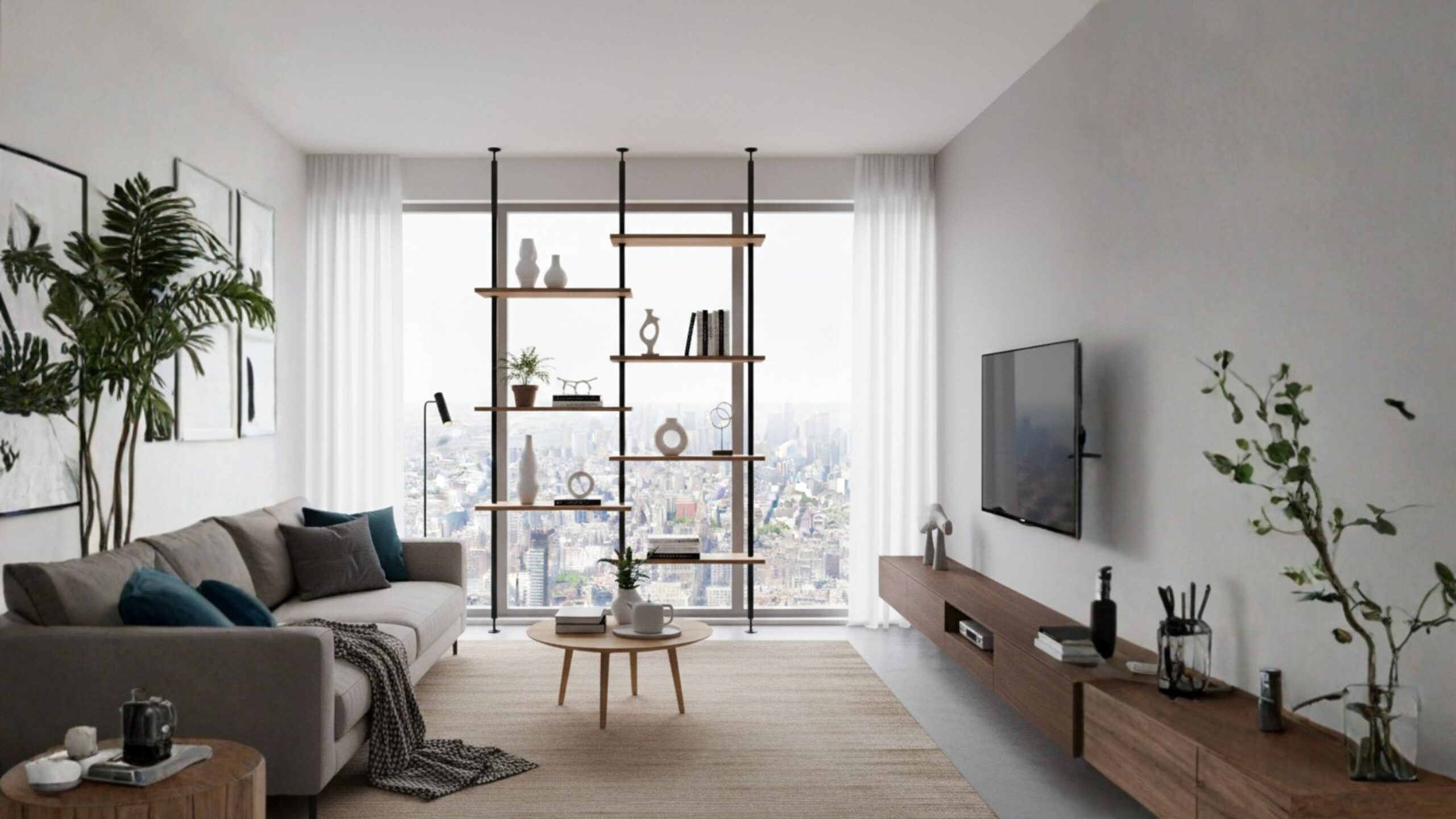 regał rozporowy od podłogi do sufitu w wąskim salonie