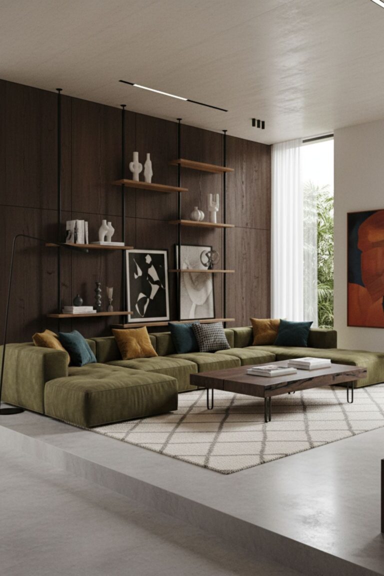 Imponujący regał na wymiar online z litego dębu i stali, wypełniający całą ścianę salonu.