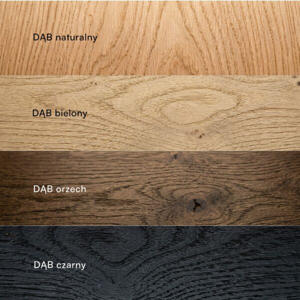 Regał na książki – kolory półek dębowych: naturalny dąb, dąb bielony, dąb w kolorze orzecha, dąb czarny – wybór wybarwienia