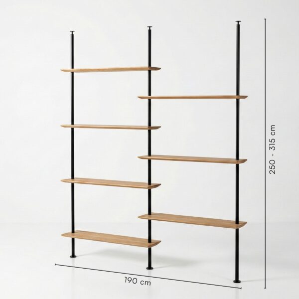 Wysoki regał na książki 250 cm o konstrukcji rozporowej. Nowoczesny regał do sufitu (pod wymiar) łączący lity dąb i stal, montowany bezinwazyjnie – bez wiercenia i narzędzi. Najważniejsze cechy: Typ: Regał wysoki / regał rozporowy od podłogi do sufitu. Półki: 7 szerokich półek (100 cm) – z pełną regulacją wysokości. Montaż: Bezinwazyjny, łatwy montaż bez narzędzi.