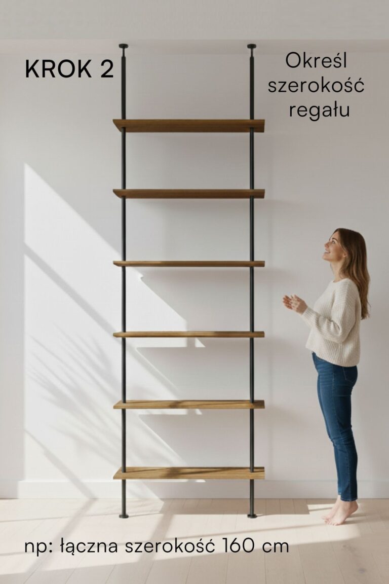 Wysoki regał na wymiar z dębowymi półkami – realizacja na zamówienie.