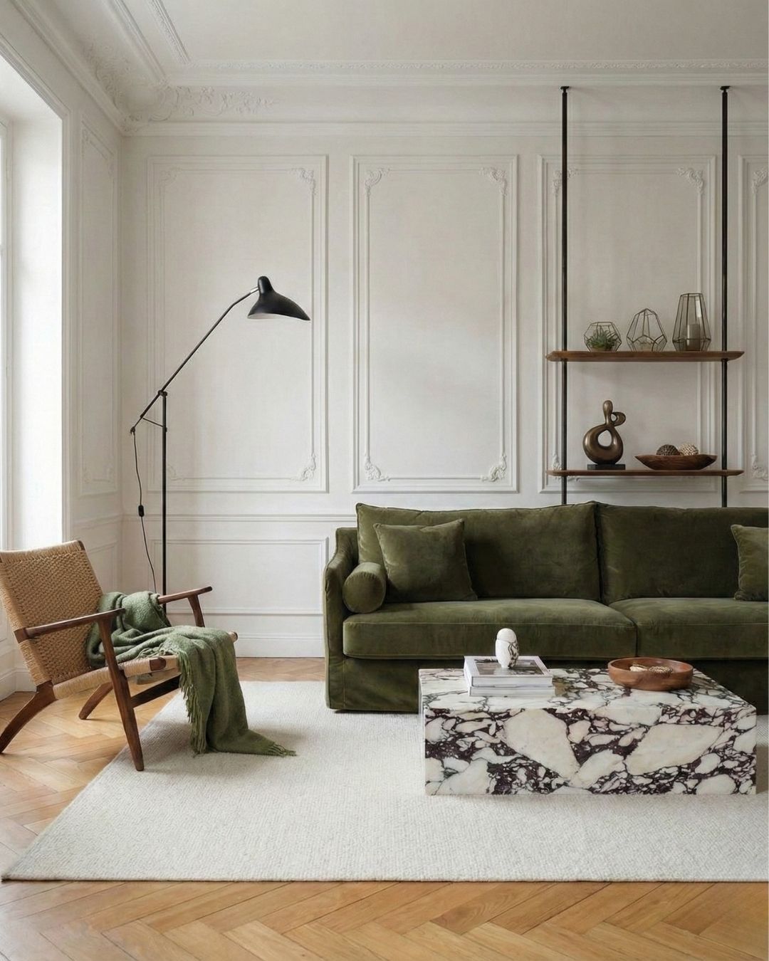 Nowoczesny regał modułowy drewniany D.A.G studio w salonie, aranżacja z książkami i roślinami