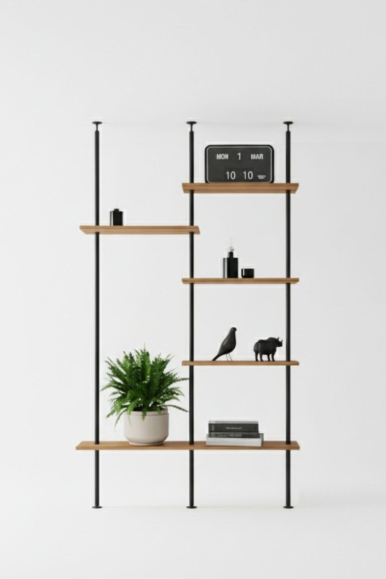 Ażurowy regał na wymiar wolnostojący oddzielający salon od kuchni.