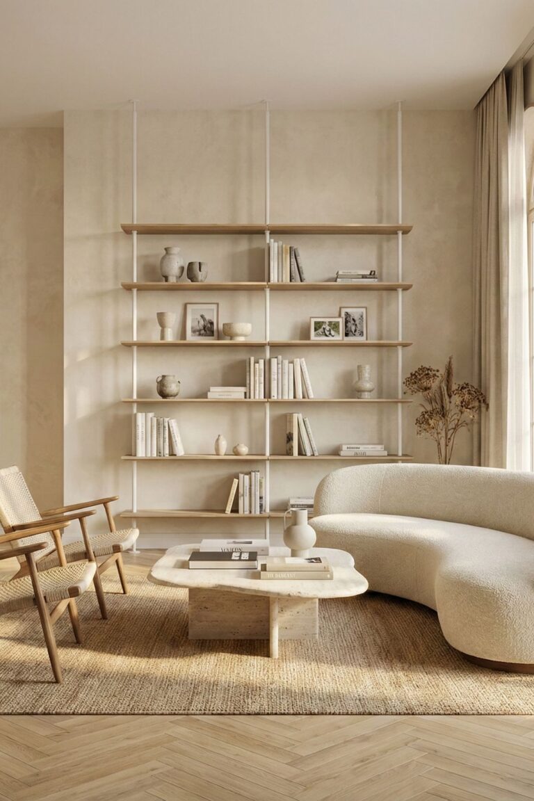 Elegancki regał na książki i dokumenty w domowym gabinecie, wykonana na wymiar zabudowa biurowa.