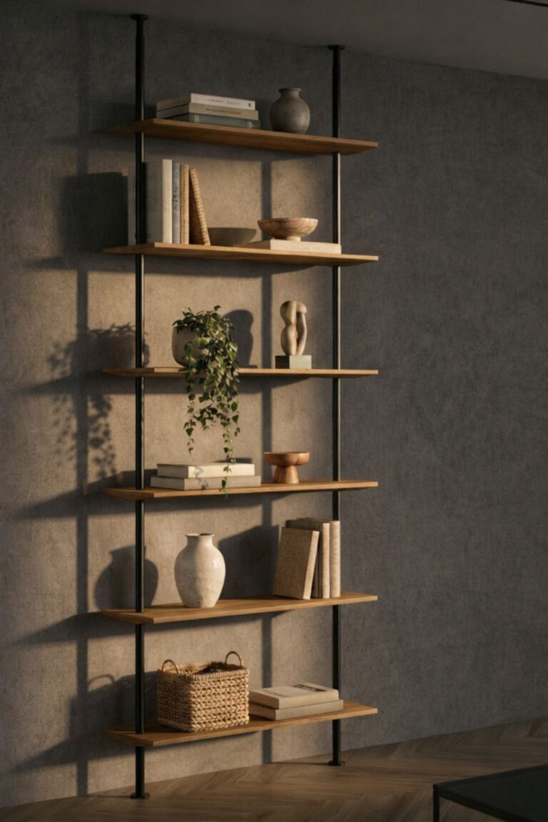 Regał dębowy w salonie z książkami, ceramiką i dekoracjami w stylu premium.